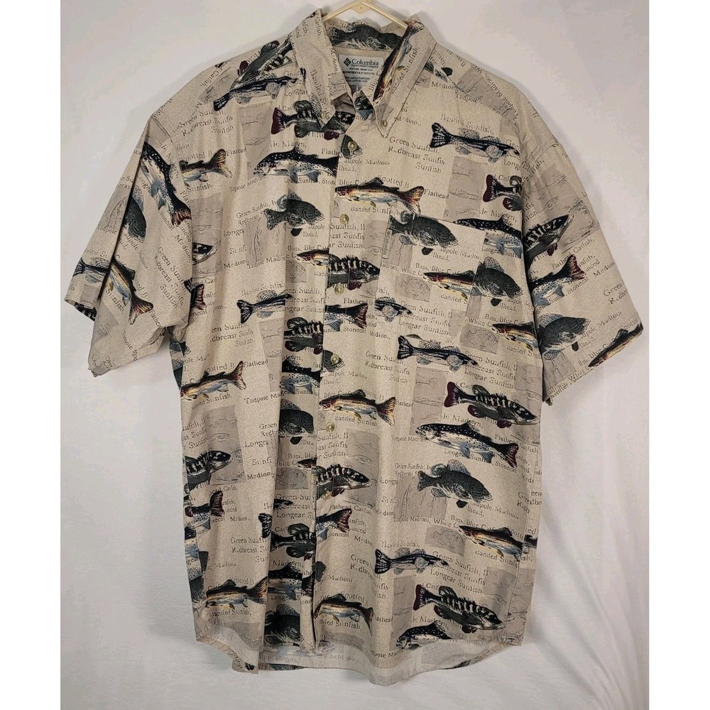 Columbia Shirt Mens XL Beige Fish Print Button‎ Short Sleeve Outdoors Fishing